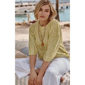 J JILL Puff Sleeve Top Citron Palm Texture Green Airy Linen Blend Women's Large